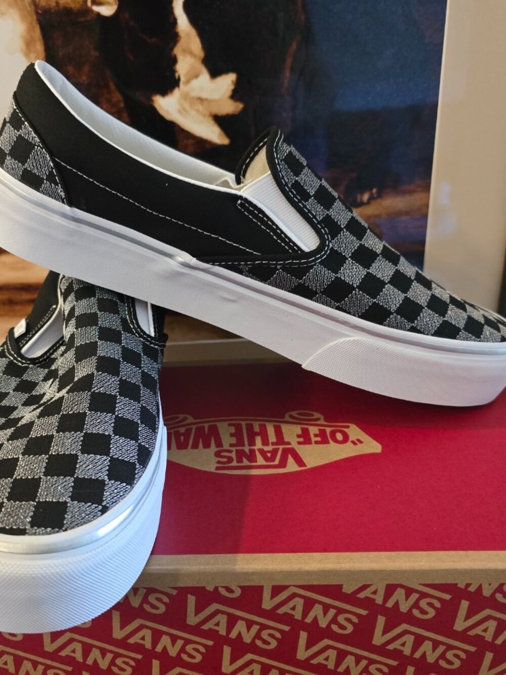 Vans Men's Classic Slip On Platform Metallic Checkerboard Black Shoes Sz 10.5